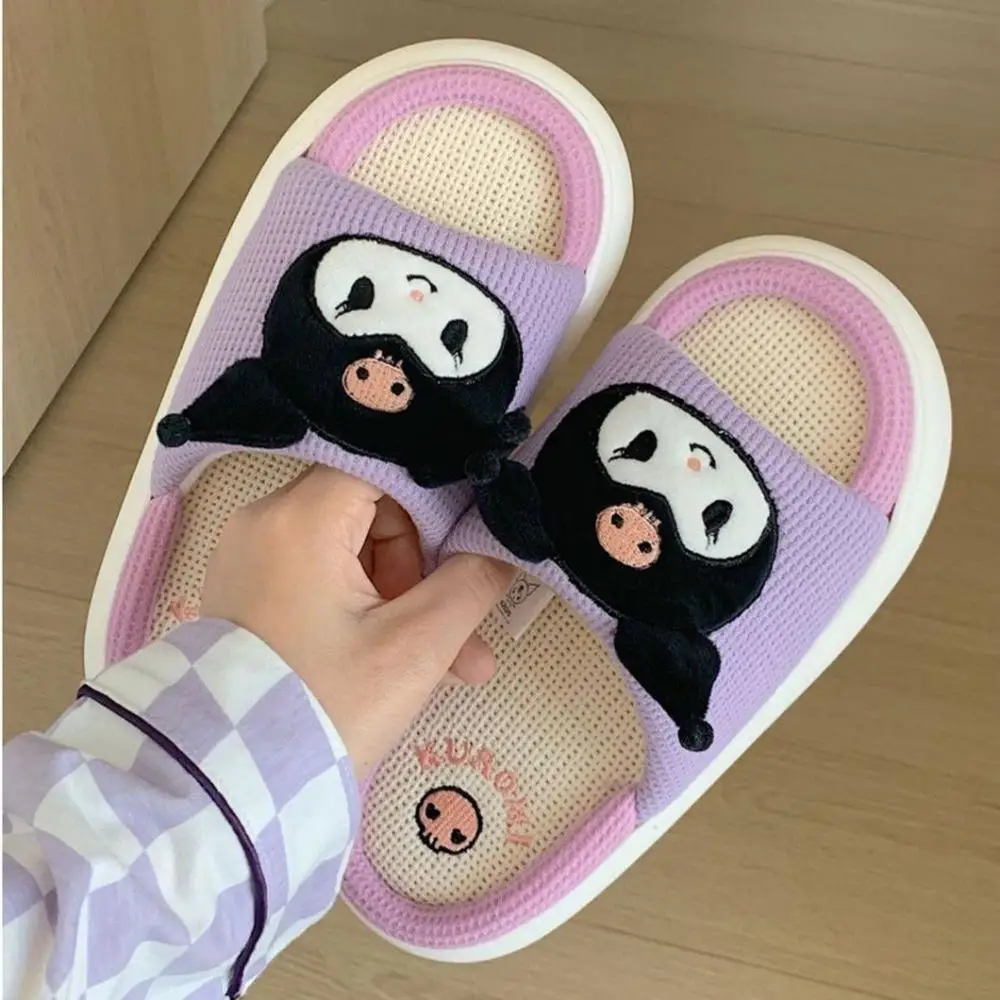 Cartoon Linen Slippers Sanrioed Hello Kitty Anime Kawaii Kuromi Cute Home Shoes Girls Non-Slip Thick Sole Shoes Summer Sandals