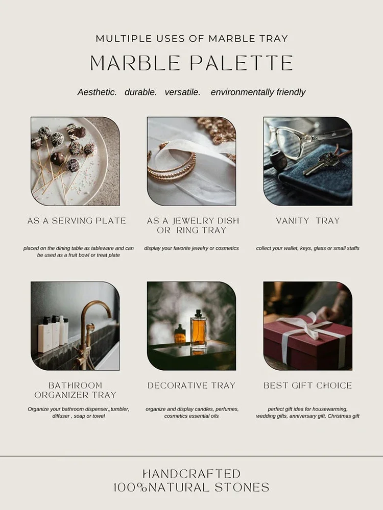 Real Luxurious Marble Vanity Tray for Perfume Candles Jewelry Luxury Calacatta Marble Tray for Home Decor