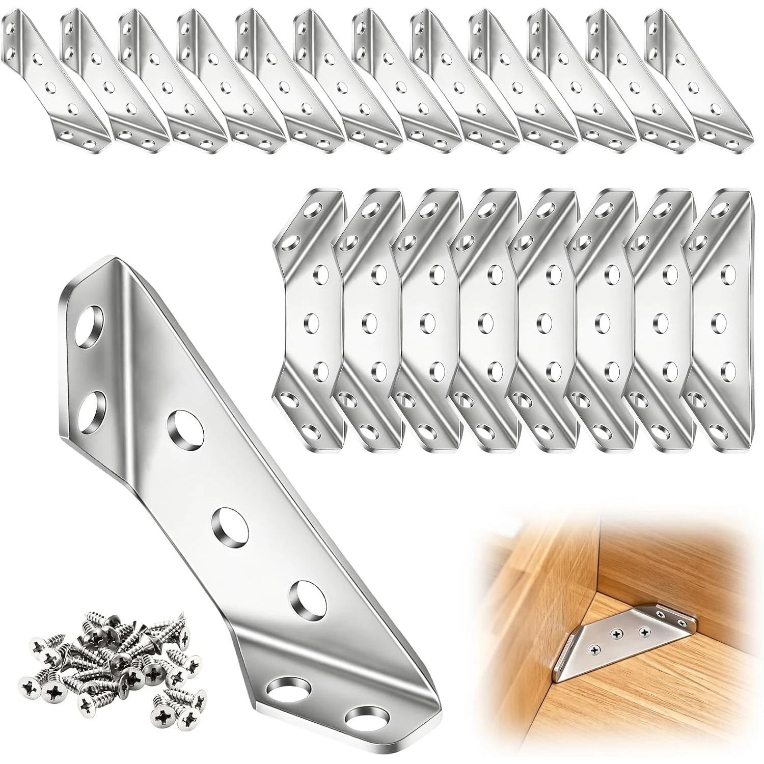 1-30Set ​​Stainless Steel Corner Brackets with Screws 90° Right Angle for Wood Furniture Shelves Cabinets Corner Connector