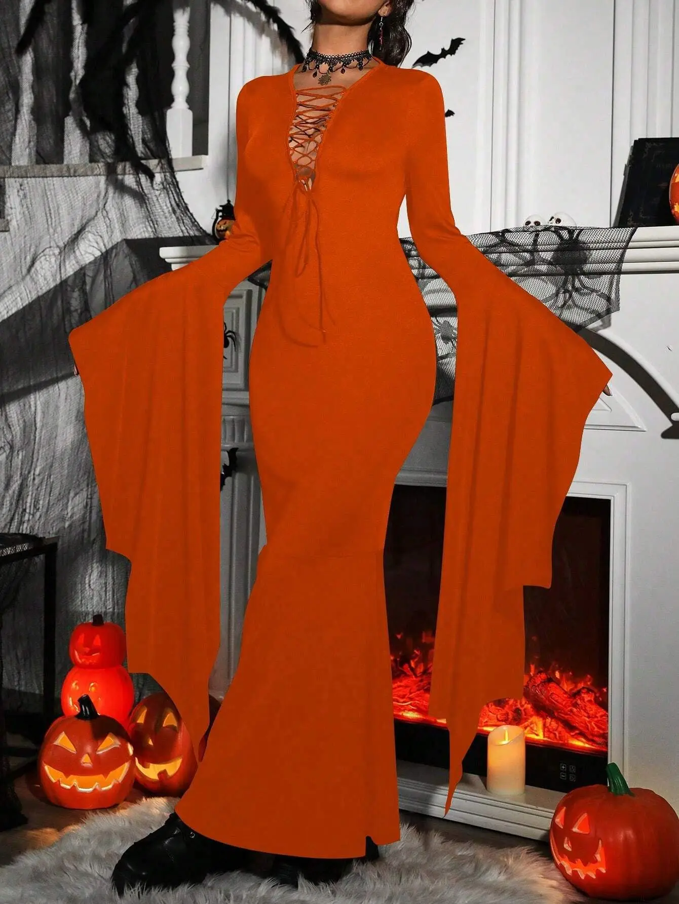 Moda feminina halloween vampiro traje recorte laço bodycon vestido de festa mangas trompete vestido de chão gótico roupas cosplay