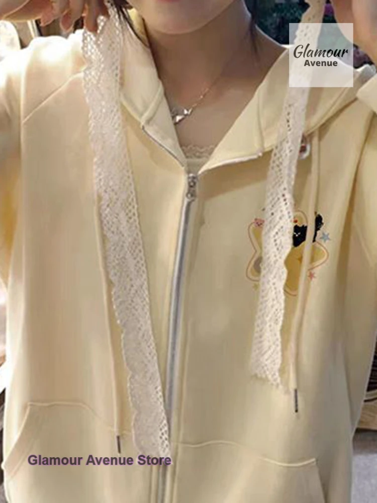 American retro apricot cardigan sweater women's spring and autumn new fashion loose western style casual Joker hooded coat