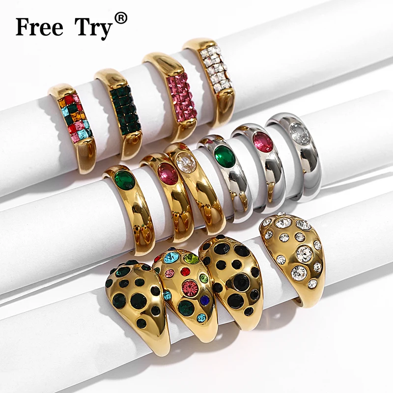 Freetry Fashion Inlaid Rhinestone Crystal Ring Exquisite Geometric Stainless Steel Waterproof Gold Plated Ring Jewelry Gift