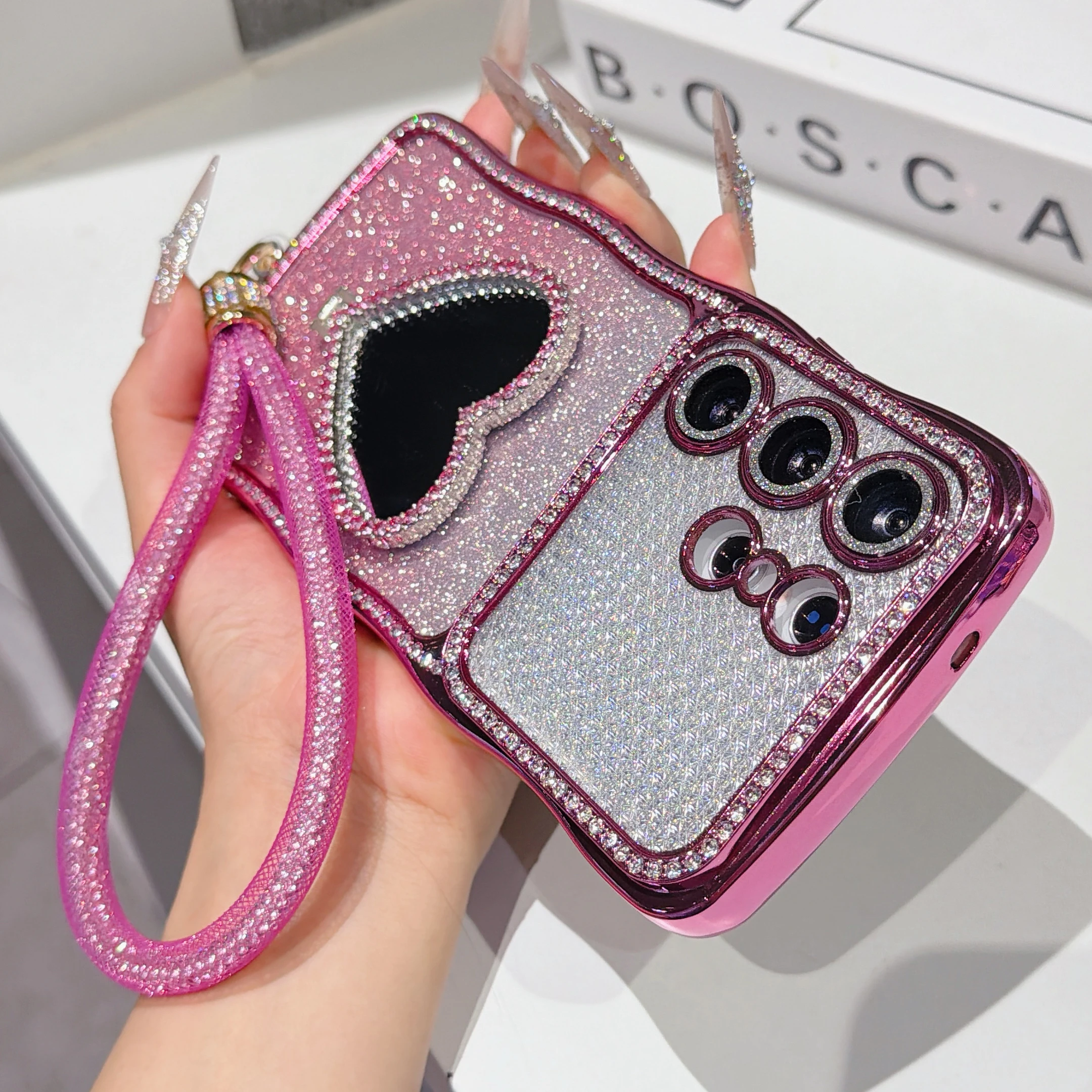Gradient Glitter Rhinestone Phone Case For Samsung Galaxy S26 Ultra S25 S24 Plus Heart-shaped Mirror Stand Strap Bling Cover view 4