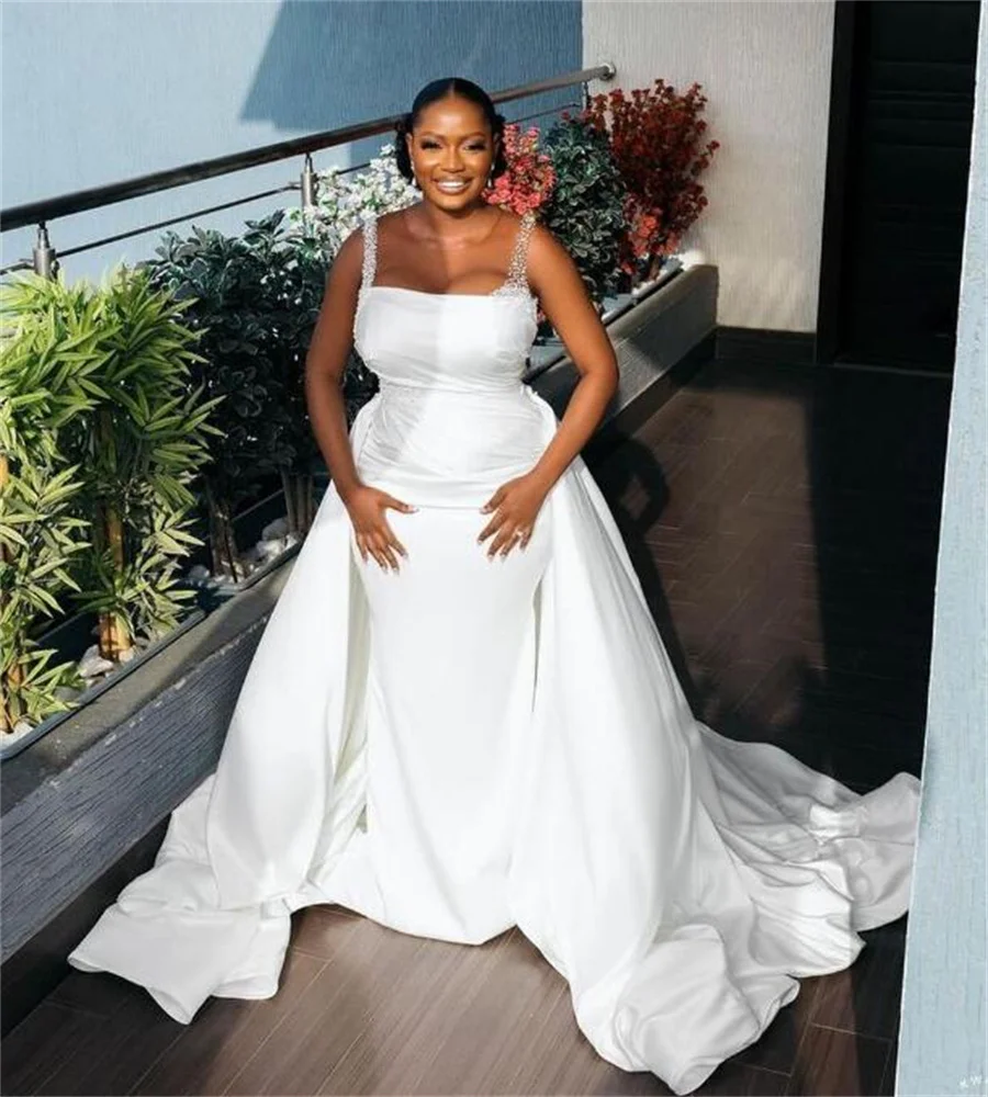 

Mermaid Wedding Dresses With Detachable Train Elegant Plus Size African 2 In 1 Country Bridal Gown Beaded Satin Bride Customized