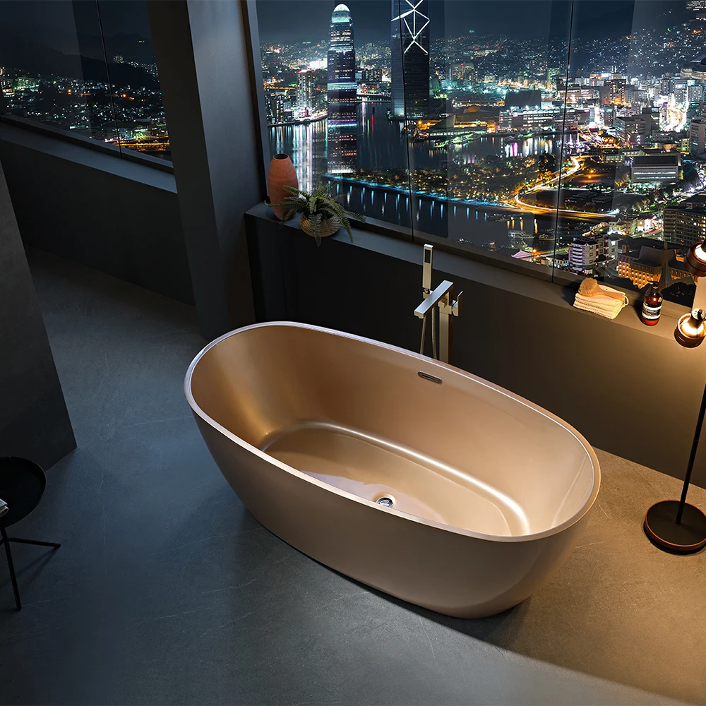 

Champagne Gold Colour Acrylic Tub Freestanding Round Design Adult One Person Simple Bathtub with Overflow and Faucet
