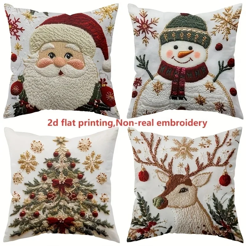 Christmas Pillow Covers Santa Snowman Deer Tree Designs Embroidery Polyester Throw Cushion Case Machine Washable Holiday Decor