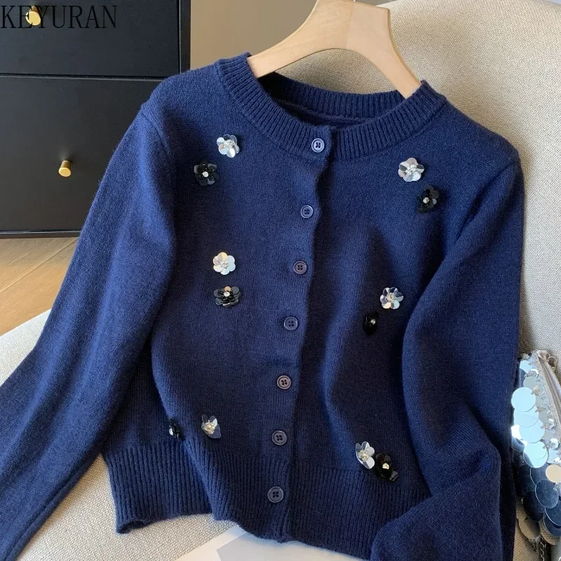 Navy Blue Long Sleeve Knitted Cardigan Women\'s Korean Vintage O-Neck Sequin Flower Sweaters Jackets Mujer Tops Knitwear Jumpers