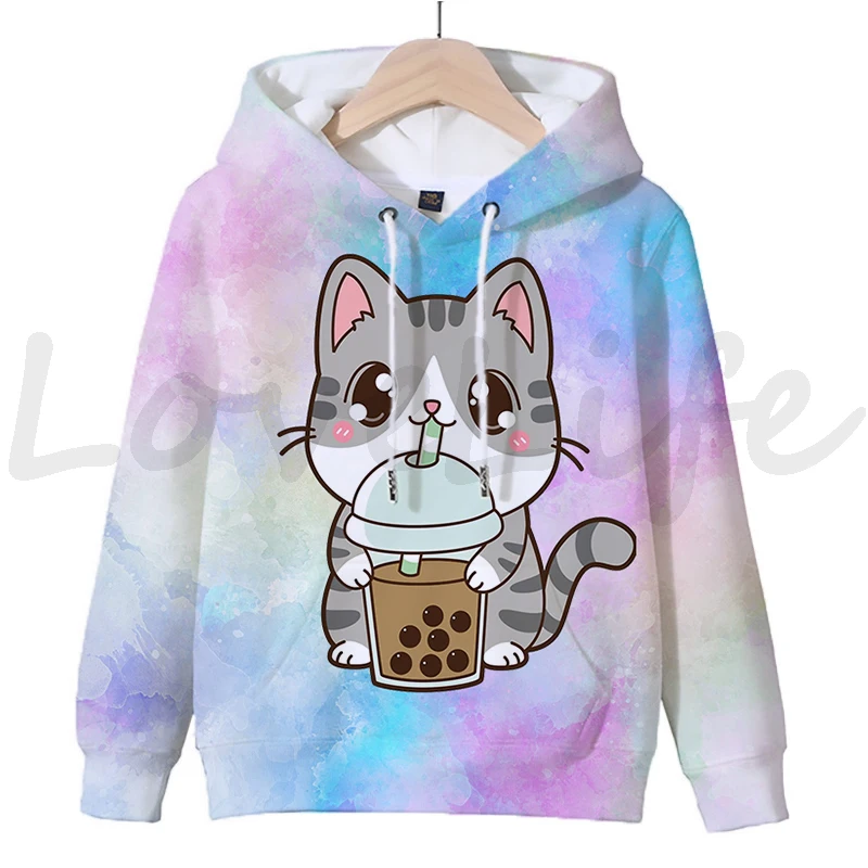 Gato dos desenhos animados boba chá hoodie moletom com capuz animais 3d impressão hoodies crianças kawaii pullover topos casuais sudadera crianças roupas