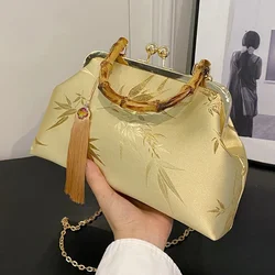 Retro Women Fringe Small Shell Clip Prom Clutch Tassel Messenger Bags Lady Chain Shoulder Bags Bamboo Leaves Handbags And Purses