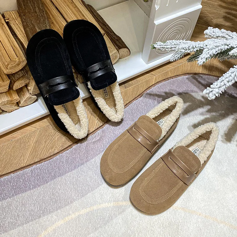 

Big Size Flats Shoes Women Loafers Flock Round Toe Shoes Vintage Slip on Comfortable Shallow Slides Winter Warm Black Khaki