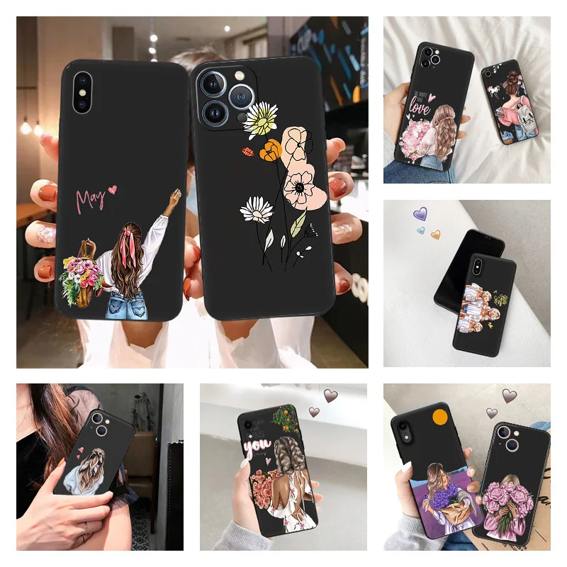 Phone Case for iPhone 16ProMax 14 13 15 Pro Max 12 11 XR SE 7 8 16 Plus Chrysanthemum Rose Flower Girl Soft Black Silicone Cover