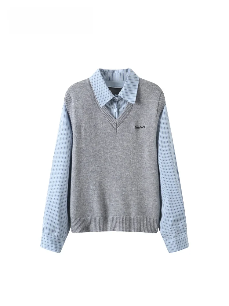 

plus Size Ne Long Sve irt Women Casual Splicing Slimming Spring New Sle Korean Sle Wool Cotton Blend