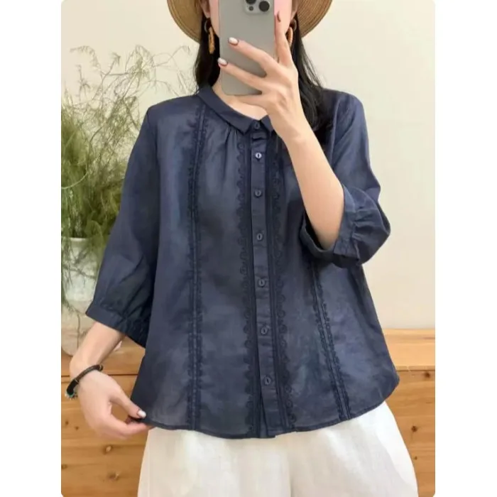 

plus Size Women's Shirt Summer New Cotton Linen Embroidery Loose Thin Outerwear Top High-End Feeling Commute Style Loose Fit