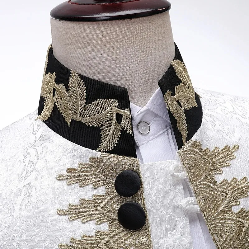 White Jacquard Inlaid Gold Flower Male Prince Charming Costume Stage Christmas Drama Coat Men Blazers Dance Mens Blazer