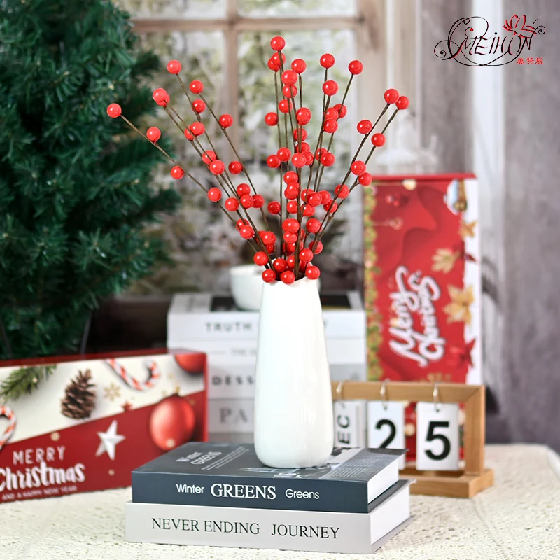 12Pcs Faux Red Berry Stem Christmas Tree Branches for Holiday Christmas New Year Home Table Housewarming Decor Crafts