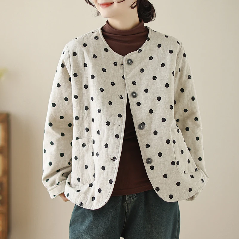 

New Autumn Winter Women's Dot Round Collar Fashion Thin Coats Casual Loose Elegant Ladies Coat Jacket Outwear