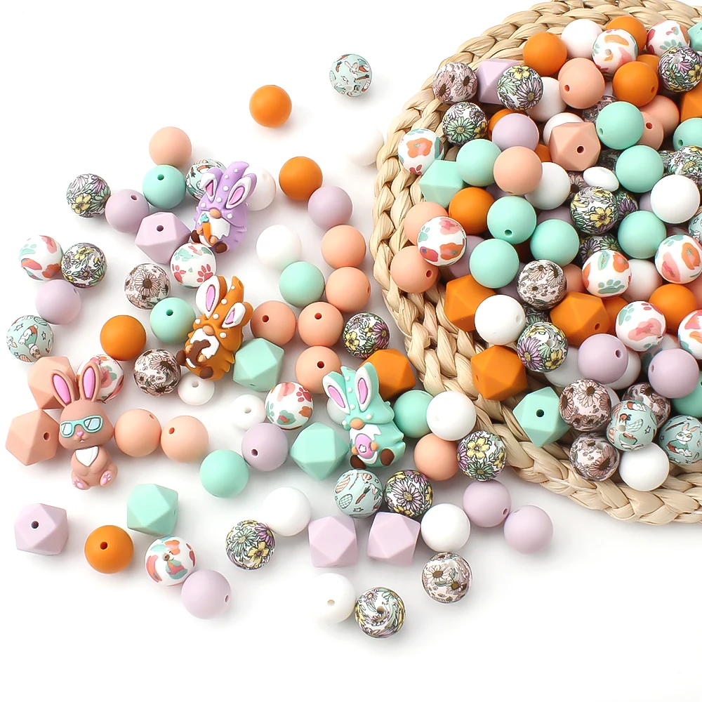 3D Silicone Beads Set Easter Bunny Eggs Focal Beads for Pen Making Jewelry Necklace DIY KeyChain Accessory Decorative Beads