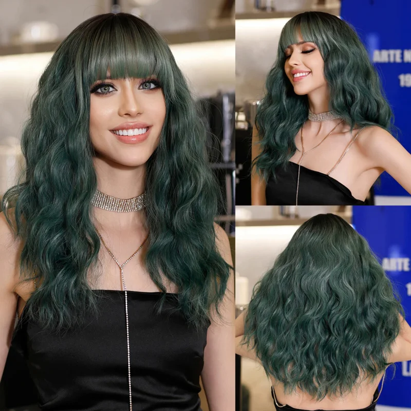 

NAMM Ombre Green Wig for Women Daily Party Cosplay Natural Long Wavy Synthetic Hair Wigs with With Bangs Heat Resistant Fiber