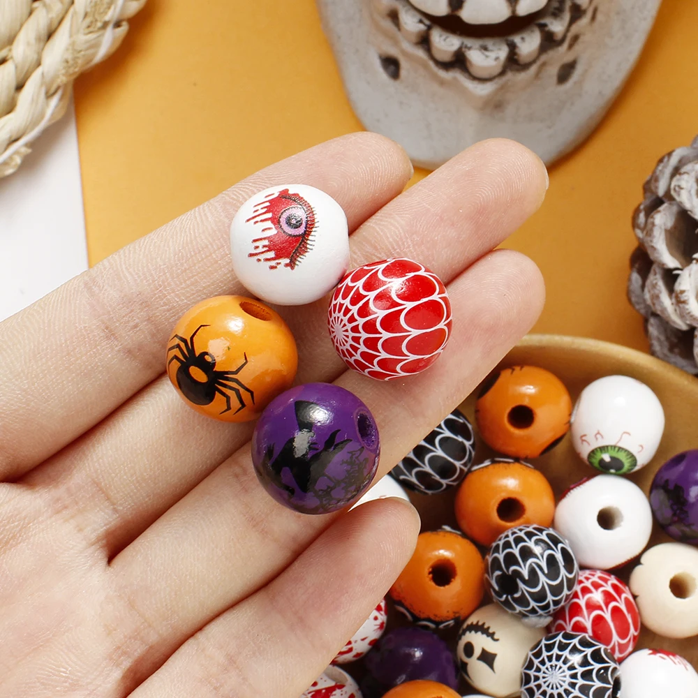 10pcs 16mm Wooden Spacer Beads Halloween Print Spider Eye Witch Bloodstain Ghost Face Mask Beads For Making Bracelet Necklace