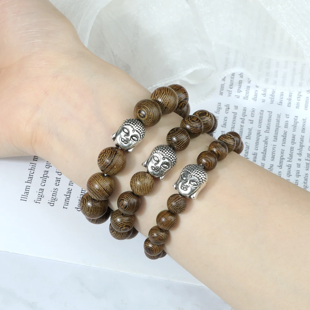 Vintage 8 10 12mm Wooden Beads Bracelet Charm Buddha Head Prayer Stretch Bangles Men Buddhist Bracelets Women Yoga Wrist Jewelry