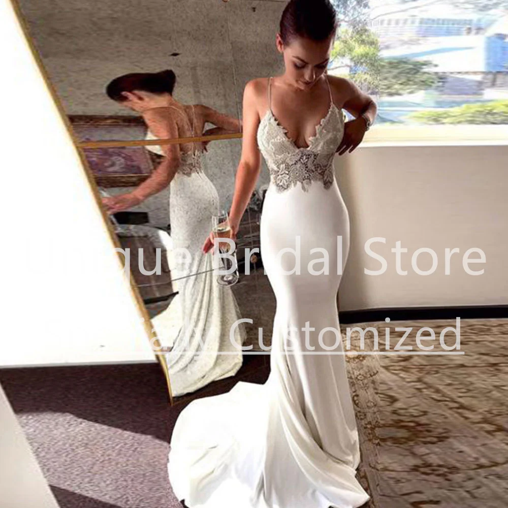 Customized Jersey Mermaid Wedding Dress Spaghetti Strap V-Neck Criss Cross Straps Covered Button Sleeveless Applique Sexy Vestid