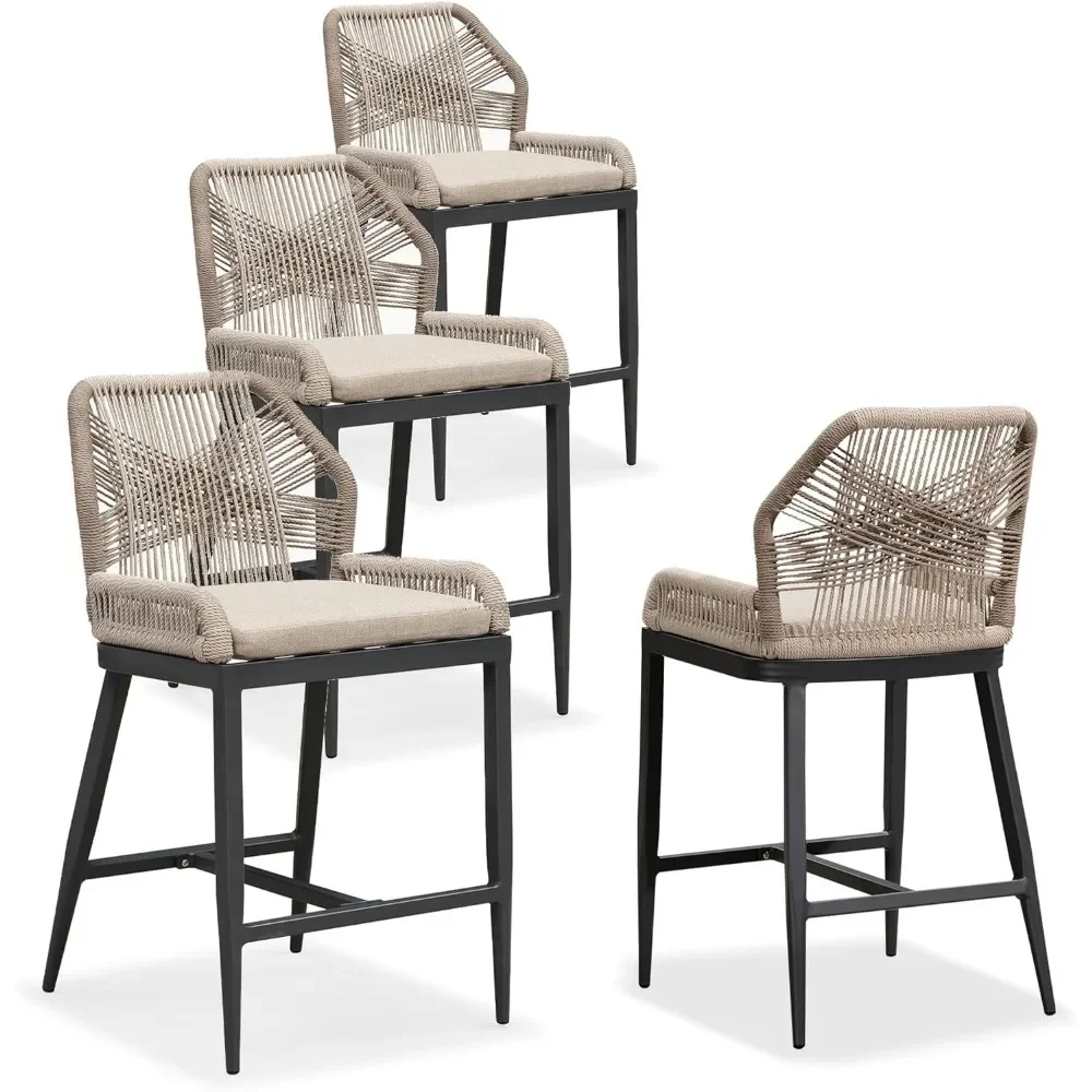 

Counter Height Bar Stools Rattan Wicker Outdoor Metal Boho Barstools with Back and Footrest Patio Garden Balcony Pool Bar Chairs