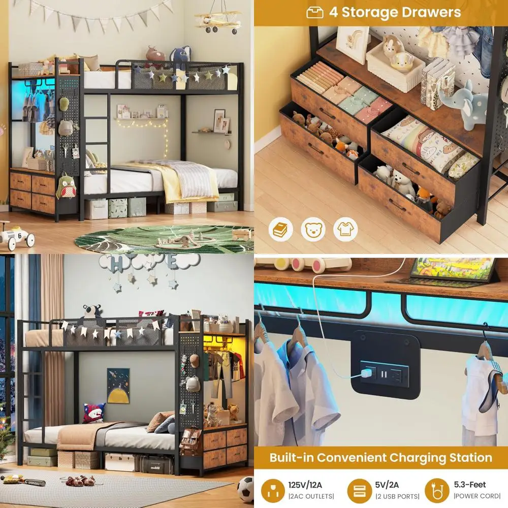 

Twin Over Twin Metal Bunk Bed with Hall Tree, Power Outlet, LED Lighting, 4 Storage Drawers, and Safety Guardrail