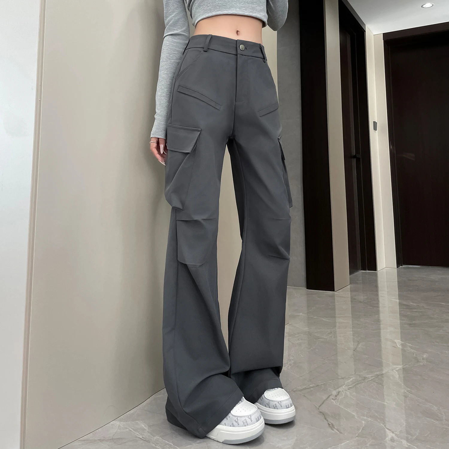 

FIGOHR American retro casual pants high street gray versatile cargo pants women's wide leg cargo pants 2025