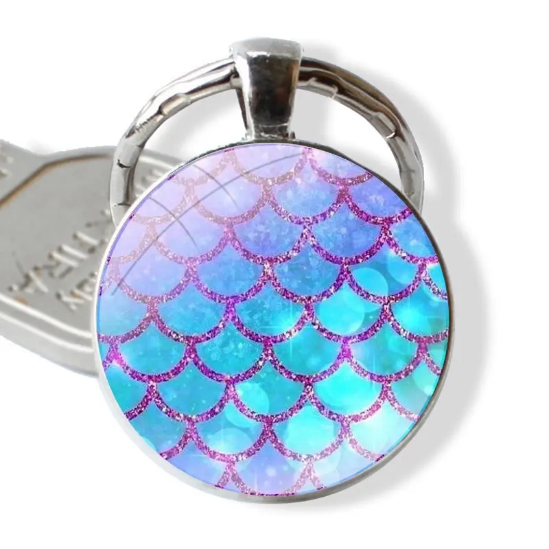 Pink Purple Glitter Mermaid Scales 25mm Glass Cabohcon Keychain Key Rings for Women Men Jewelry Gift