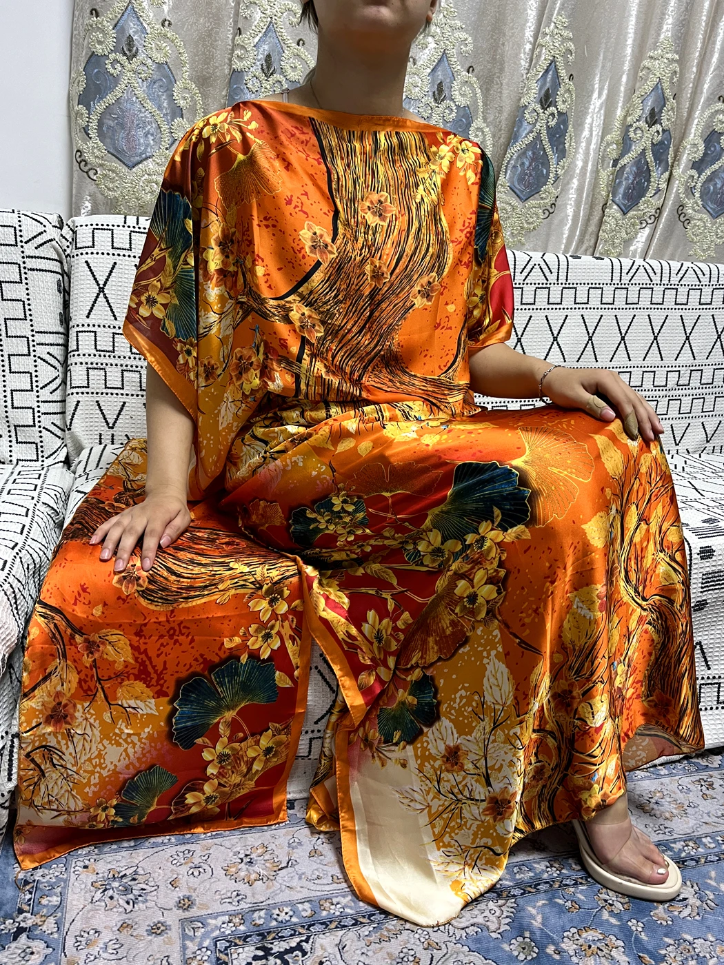 Muslim Silk Abayas For Women 2023 Summer Printed Leaf Pattern Loose Femme Robe African Nigeria Evening Patry Dresses With Turban