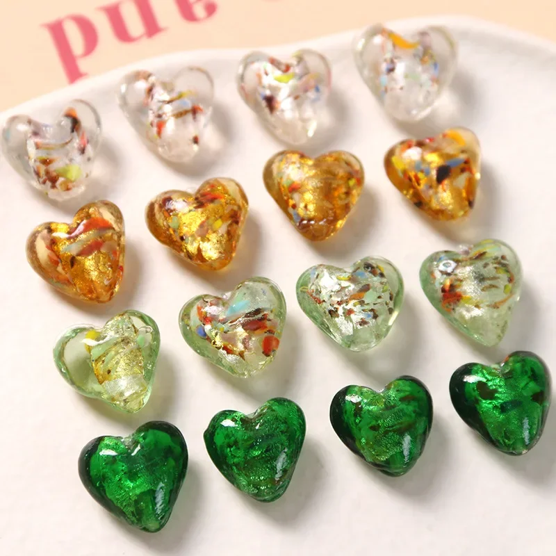 5pcs cute three-dimensional gold foil colored particles perforated hearts diy glass Beads for Jewelry Making DIY Bracelet