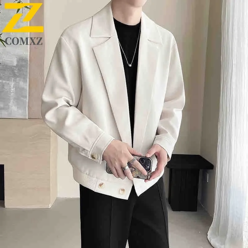 

COMXZ Youth Leather Jacket Men Coat Turn Down Collar Casual Leather Jacket Spring Autumn Loose Street lightweight windbreaker