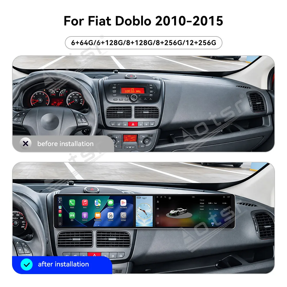 Radio Tape Recorder 12.3 Inch Combined Screen For Fiat Doblo 2010-2015 Matte Black Android 15 GPS Navigation Car Multimedia