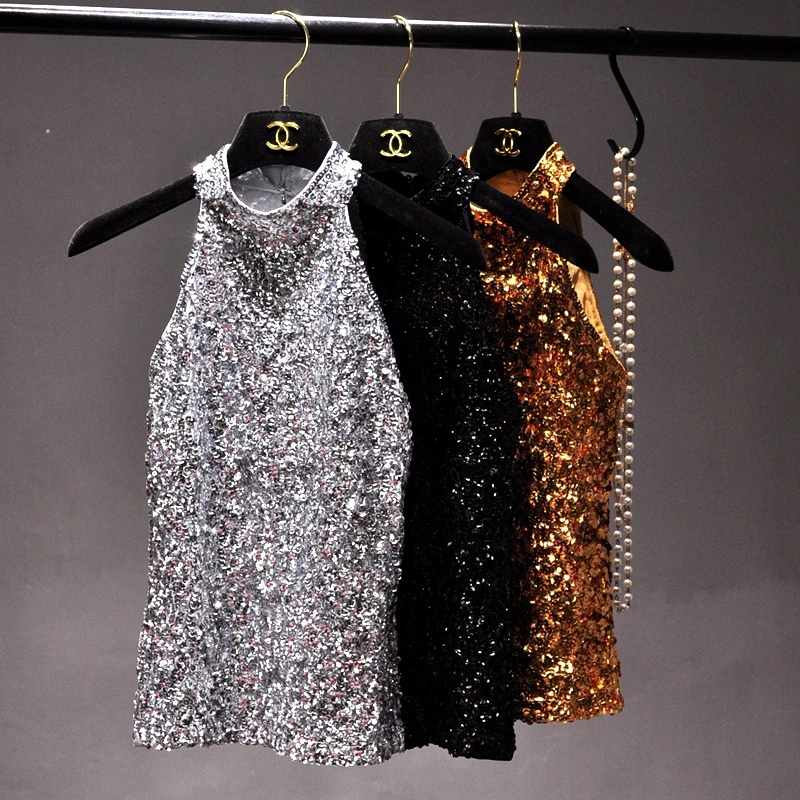 Nightclub Sequins Glittering  Summer Leisure Tight Vest Basic Sleeveless of Y2K Sexy Tops for Women  Korean Fashion Clothing