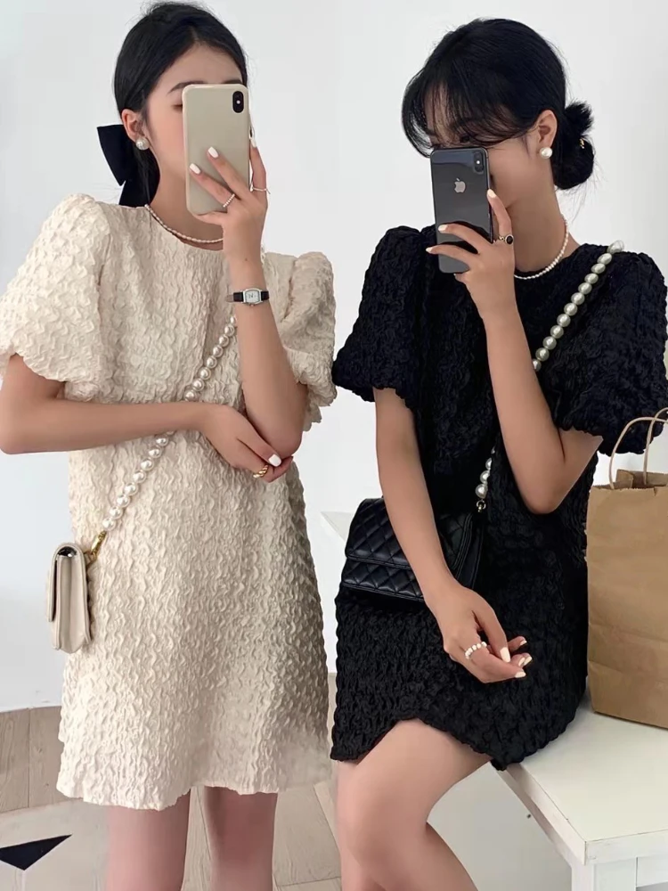 Korobov Summer Dress Temperament Crewneck Loose Puff Sleeve Dresses for Women Fold Design Short Skirt Korean Fashion Vestidos