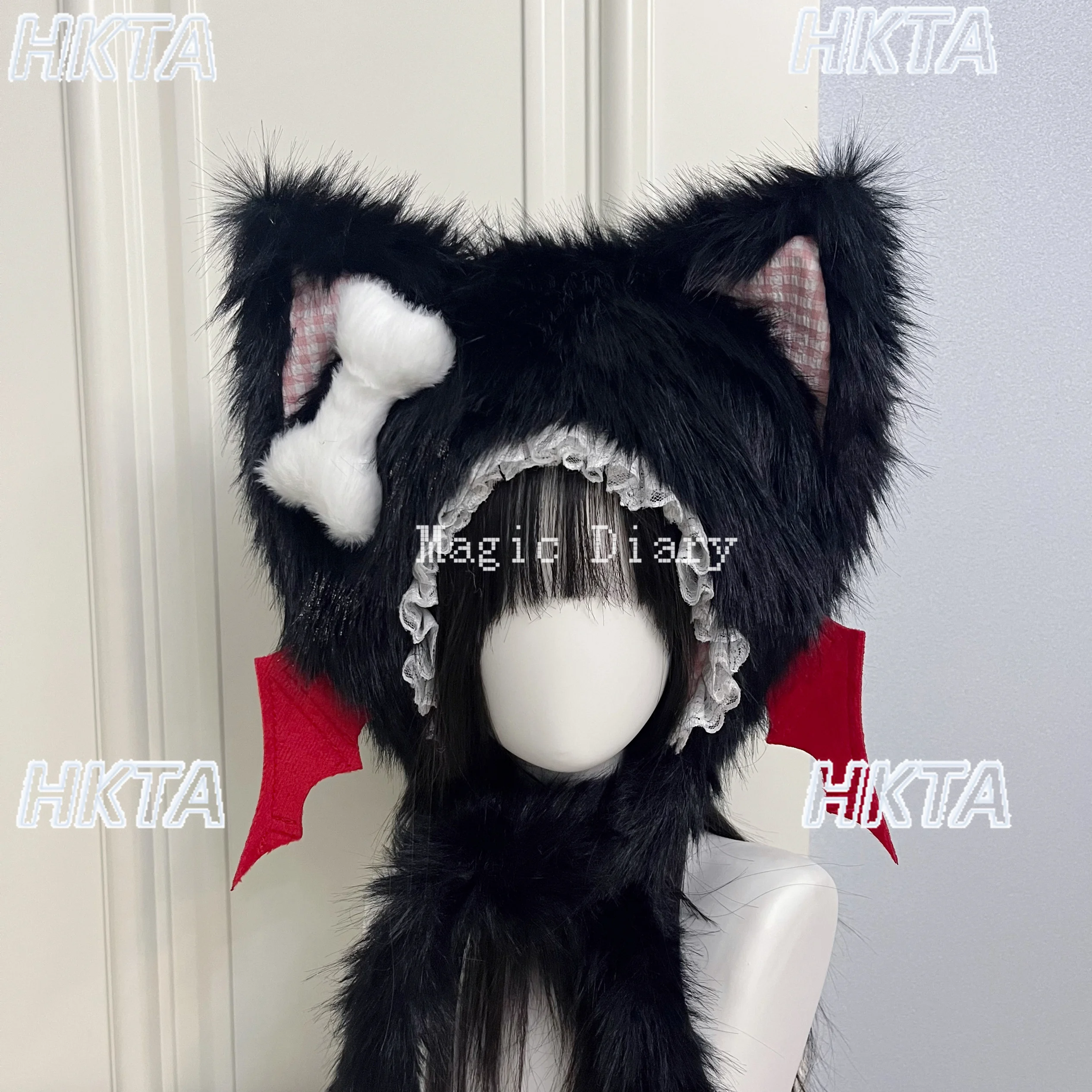 かわいい漫画サブカルチャー暖かい耳プロテクターコスプレ Y2K 黒帽子女性秋レースパッチワーク弓ハロウィン帽子アクセサリー