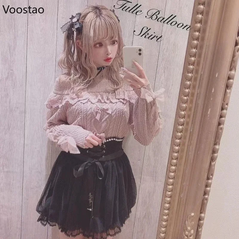 Vintage Sweet Lolita Style Knitted Pullover Autumn Girls Cute Off Shoulder Lace Ruffles Bow Sweater Women Harajuku Knitwear Tops