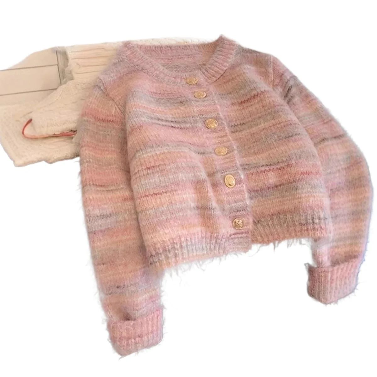 

2026 New Temperament Elegant Simple Pink Striped Mohair Sweater Knitted Cardigan Spring Soft Waxy Small Short Wear Thick Coat