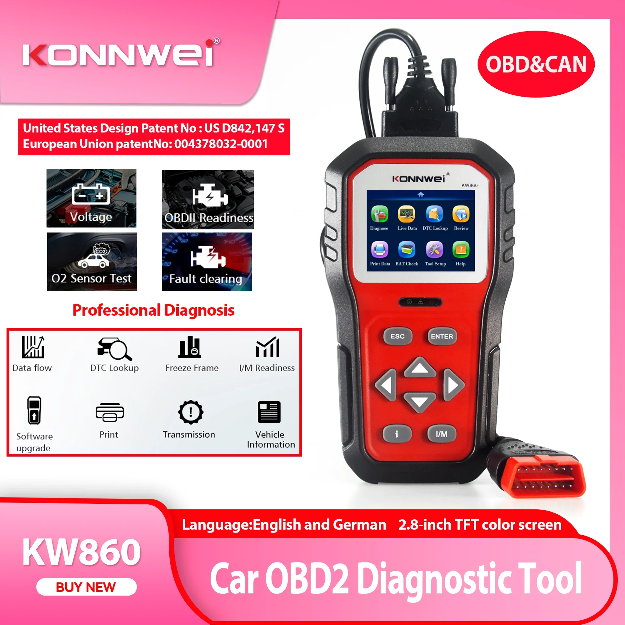 26 Durable KOWWEI KW860 Car OBD2 Diagnostic Tool Professional Battery Tester Cars I/M Readiness Oil Lamp Error Code Reader Auto