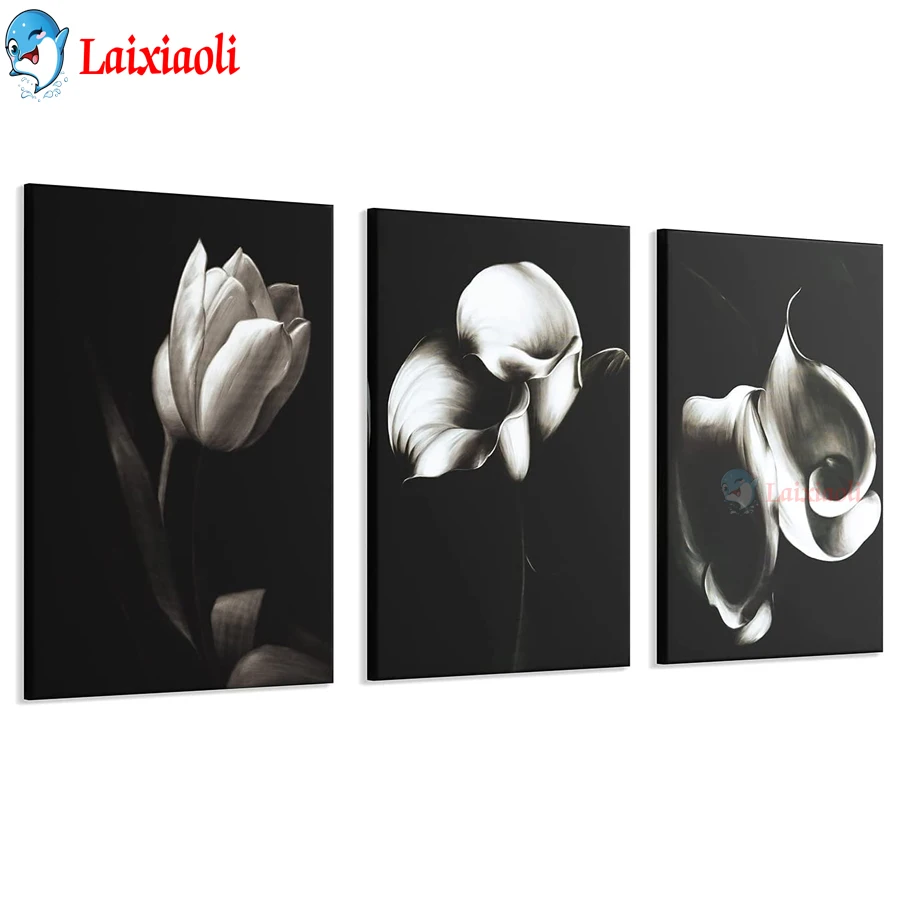 white flower painting black & white abstract plant picture diamond painting tulips, calla lilies picture cross stitch 3pcs decor