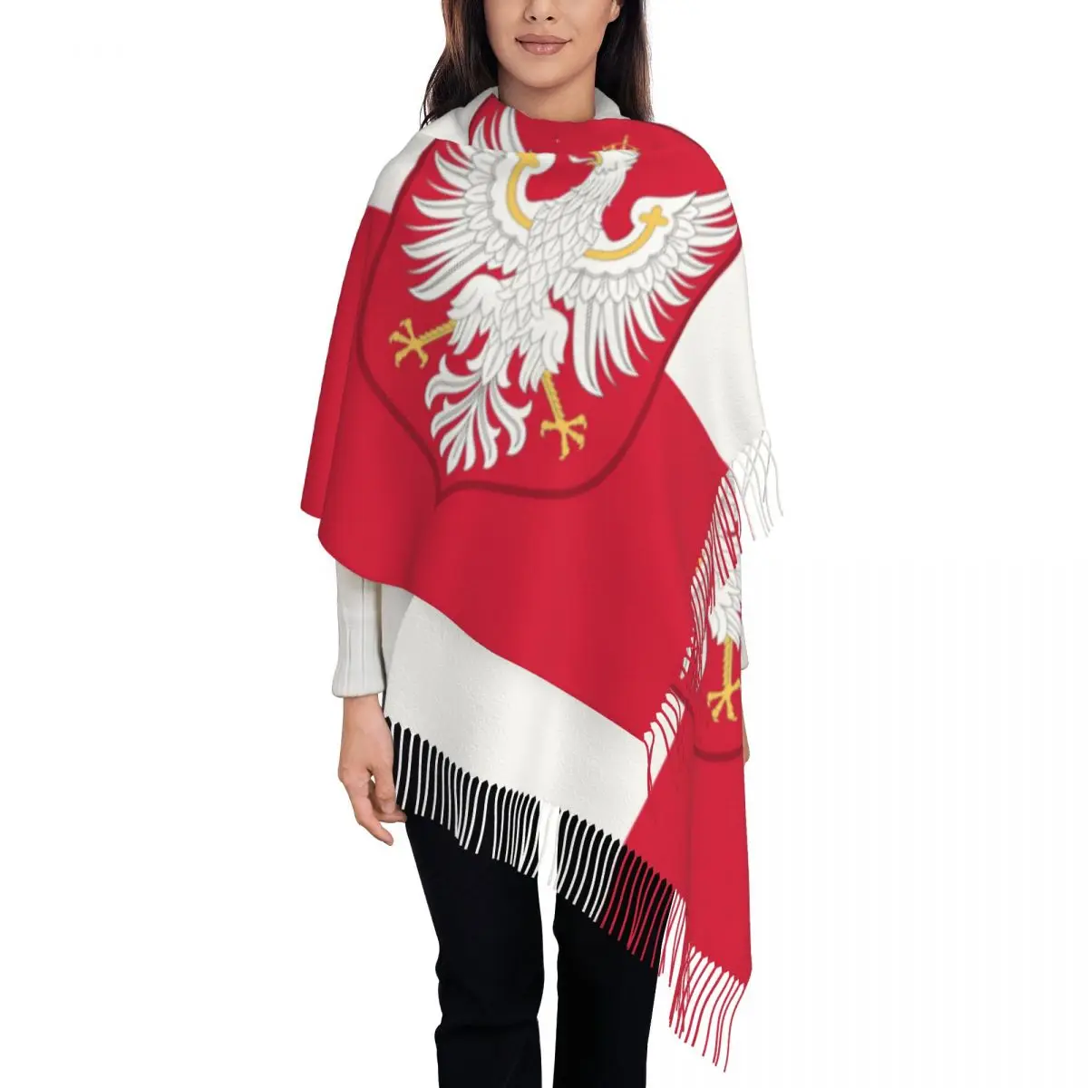 

Custom Kingdom Of Poland Flag Tassel Scarf Women Winter Fall Warm Shawl Wrap Ladies Scarves