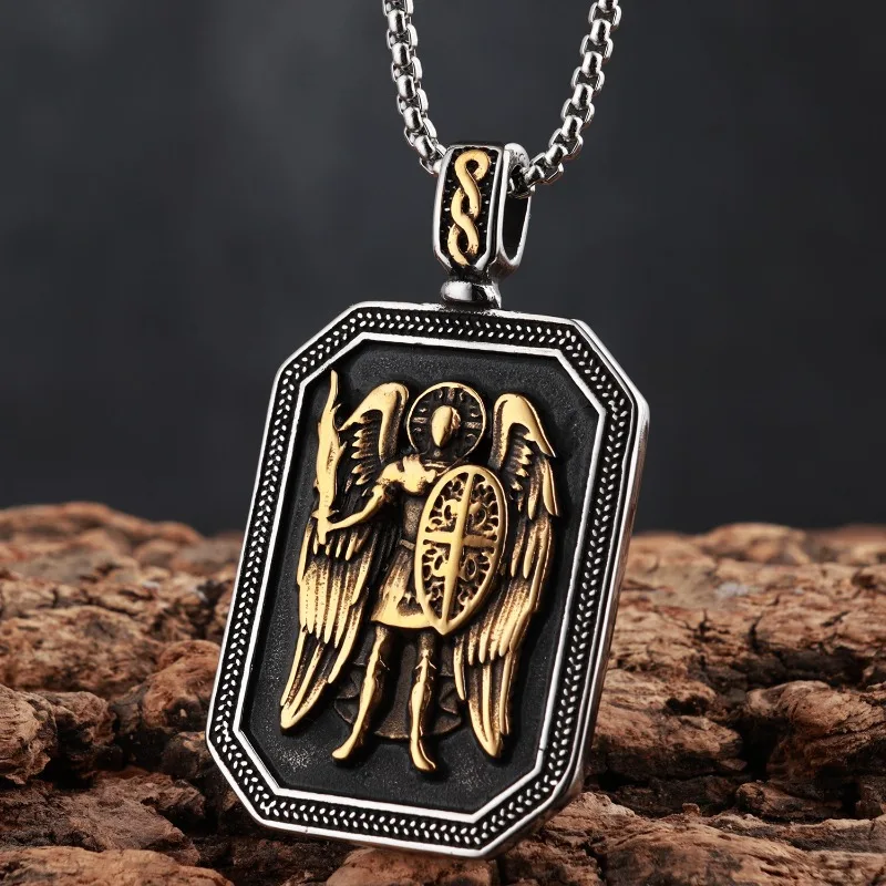 Vintage Relief St.Michael Guardian Angel Pendant Necklace, Octagonal Tag Protective Unisex Titanium Steel Jewelry