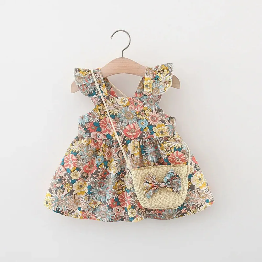 Summer Girls Sweet Two Piece Set With Crossbody Bag Floral Princess Dress Baby Cute Fly Sleeve Cotton Skirts Kids Birthday Party