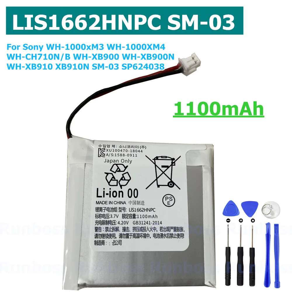 Original LIS1662HNPC 1100mAh Battery For Sony WH-1000xM3 WH-1000XM4 WH-CH710N/B WH-XB900 WH-XB900N WH-XB910 XB910N SM03 SP624038