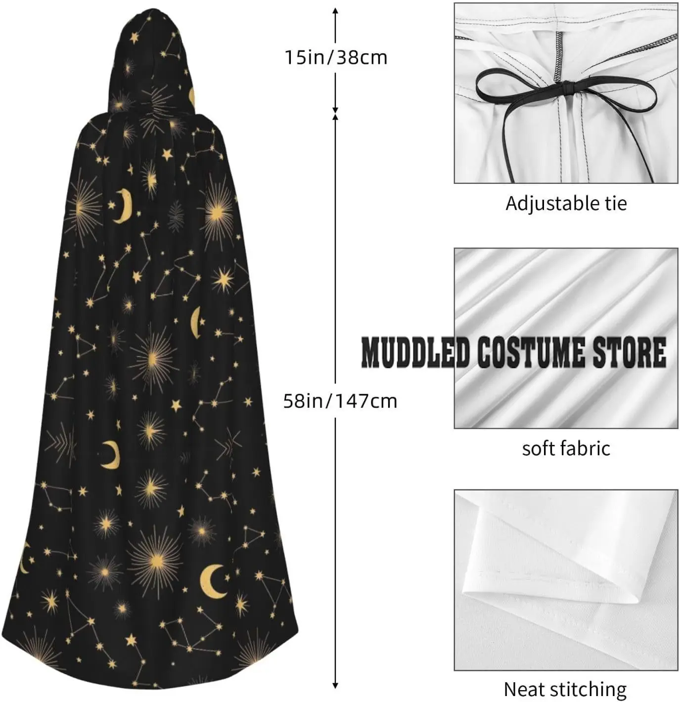النجوم والقمر مقنعين عباءة الساحرة زي تأثيري كيب هالوين معطف الكبار للجنسين