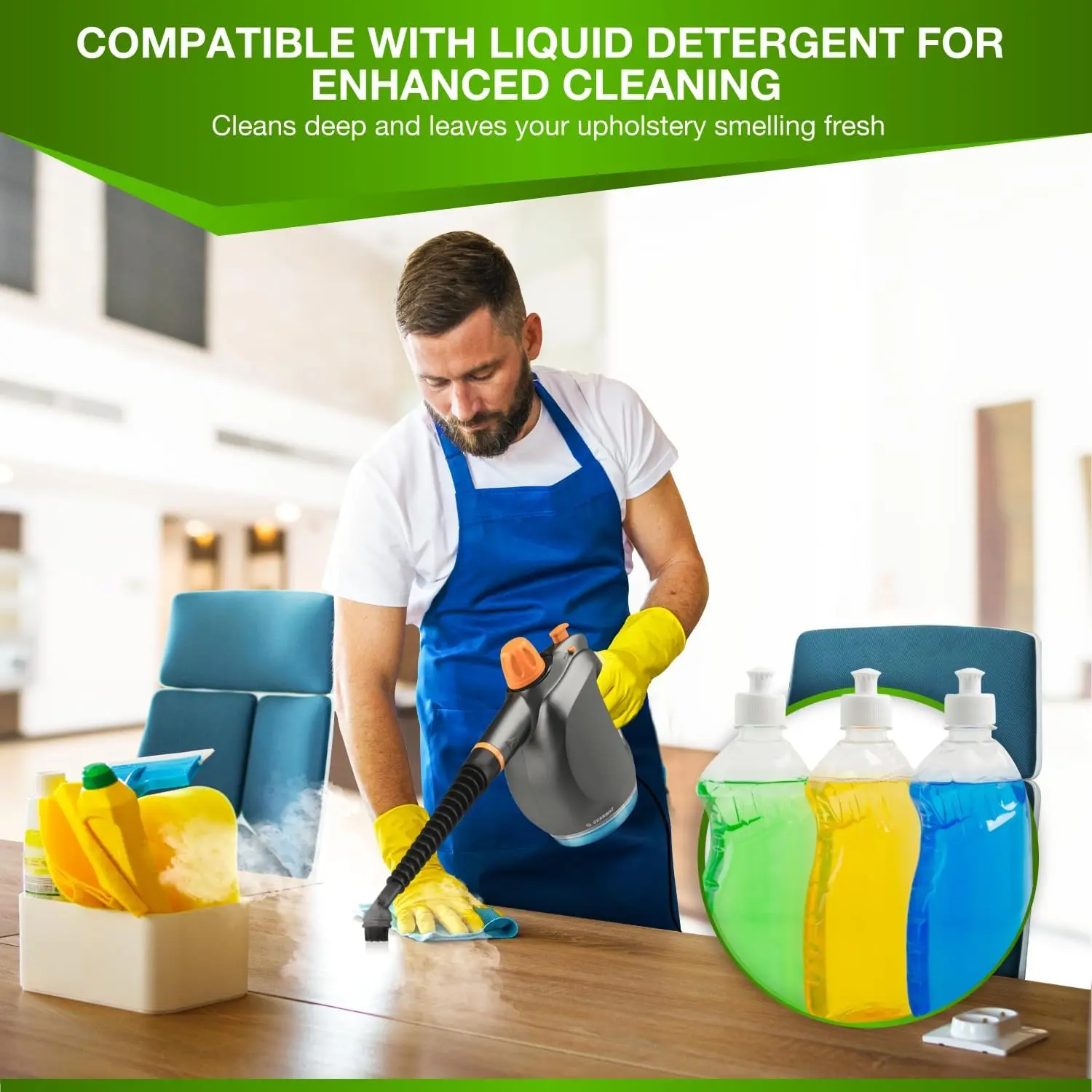 Handheld Steam Cleaner 1250W with Detergent Tank – Multi-Use Steamer for Home, Kitchen, Bathroom, Car