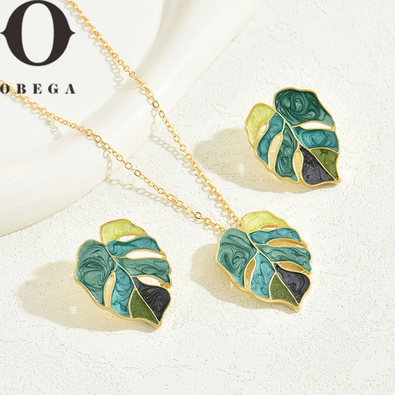 Obega 2 PCS Set Boho Epoxy Leaf Shape Necklace Ear Stud Temperament Gold-color Link Chain Exquisite Woman's Party Jewelry