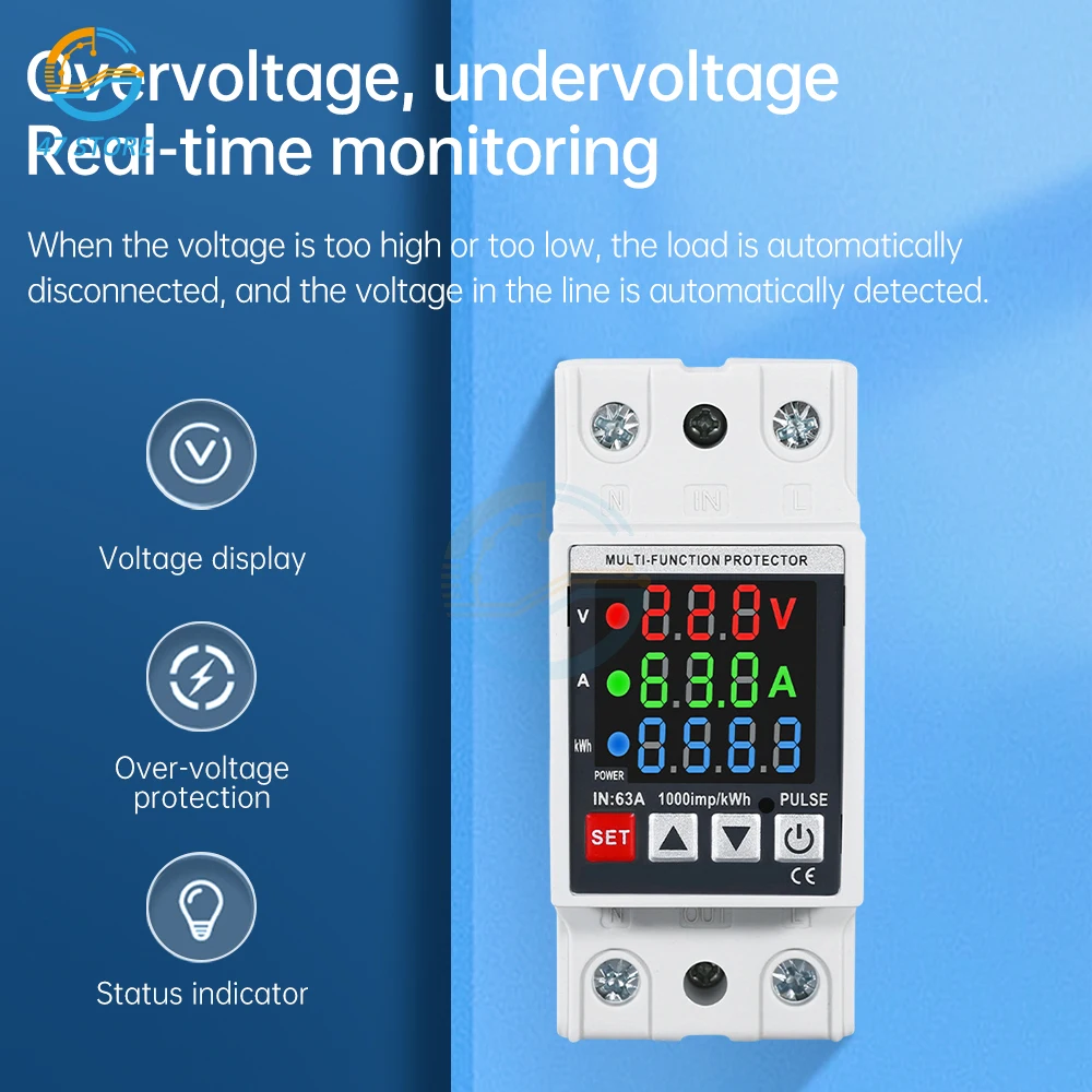 AC 230V 63A Din Rail 3-in-1 Display Accurate Adjustable Over Voltage Current and Under Voltage Protective Device Protector Relay