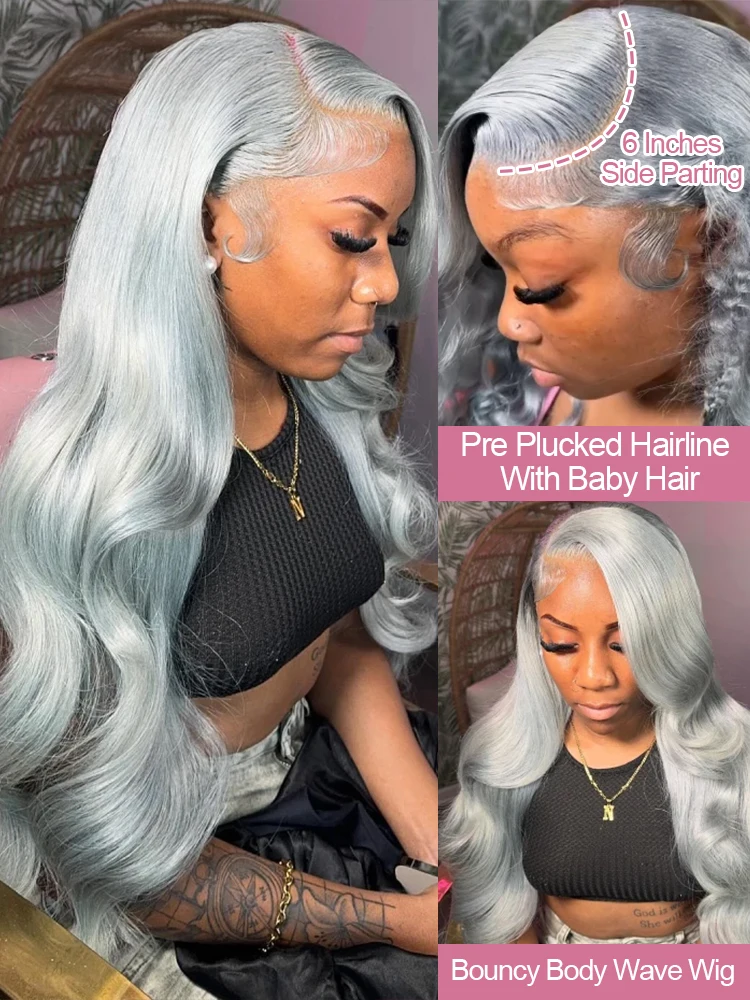 30 40 Inch Silver Grey Colored Body Wave Human Hair 13x6 HD Lace Frontal Wigs 250% Density Lace Front Wig For Women Pre Plucked image 2