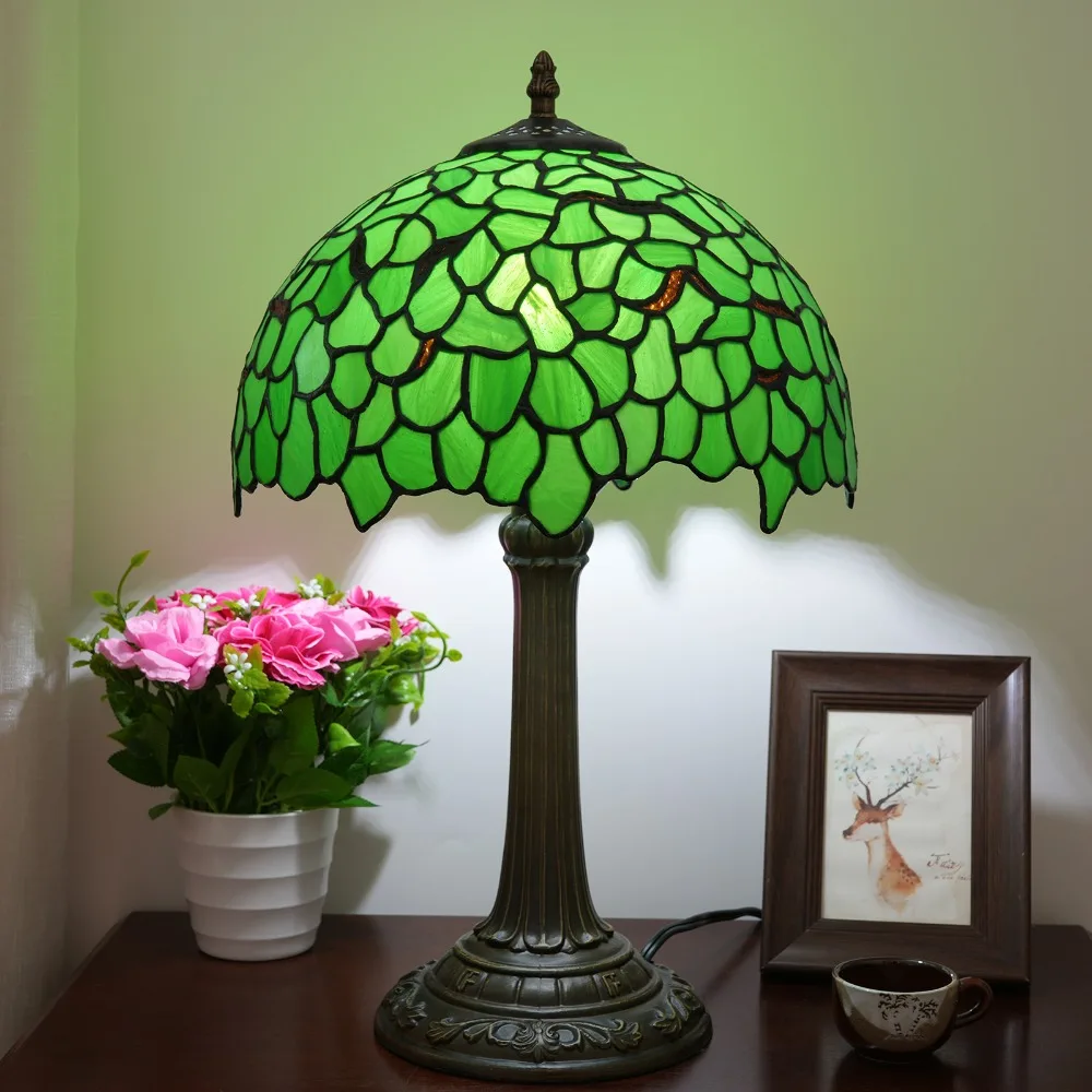 

30cm Tiffany Stained Glass Table Lamp American Pastoral Green Leaves Restaurant Bar Light Study Bedroom Bedside Desk Lamp